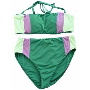Y2K Retro Medium Reversible Colorblock High Waist Bikini Bandeau Halter Beach